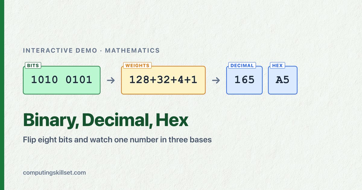 Binary, Decimal, Hex — Flip eight bits and watch one number in three bases